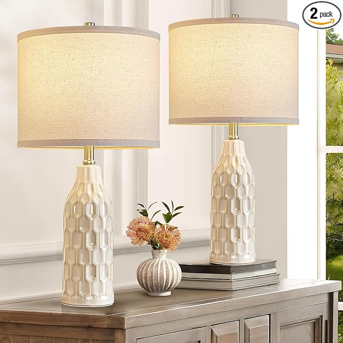 Luvkczc 24.8" Ceramic Table Lamps Set of 2 with Color Temperature & Bulbs Included - Bedside Lamps for Nightstand, Living Room, Bedroom, Home Office Decor