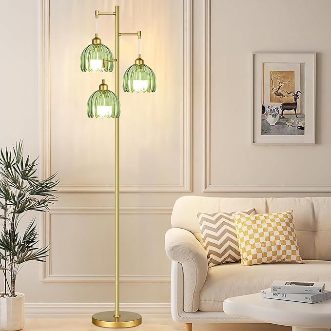 Glass Floor Lamp for Living Room,Bedroom,Gold Mid Century Modern Standing Lamp Brass Tree 3 Light Tall Floor Lamps Vintage Retro Floor Lights Green Flower Lamp Shade Farmhouse Boho Bohemian