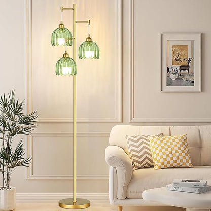 Glass Floor Lamp for Living Room,Bedroom,Gold Mid Century Modern Standing Lamp Brass Tree 3 Light Tall Floor Lamps Vintage Retro Floor Lights Green Flower Lamp Shade Farmhouse Boho Bohemian