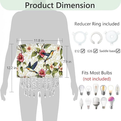 Hummingbird Floral Lamp Shade with Acrylic Bead Droplets, Spring Humming Bird Flower Fabric Light Shade for Pendant Table & Floor Lamps, Memorial Gift for Bird Lover, 11.8in