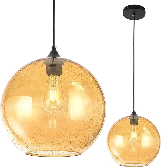 Amber Glass Pendant Ceiling Light Fixture Mid Century Modern Globe Hand Blown Glass Pendant Light Ceiling Hanging Light fixtures for Kitchen Island Dining Room Light Fixture,11.8inch