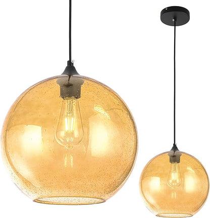 Amber Glass Pendant Ceiling Light Fixture Mid Century Modern Globe Hand Blown Glass Pendant Light Ceiling Hanging Light fixtures for Kitchen Island Dining Room Light Fixture,11.8inch