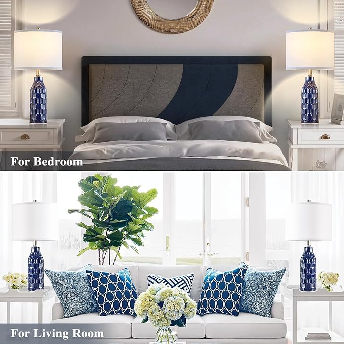 Luvkczc 24.8" Ceramic Table Lamps Set of 2 for Nightstand -Color Temperature&Bulbs Included, Bedside Lamps for Living Room Bedroom Home Office Table Decor, Navy Blue