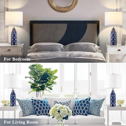 Luvkczc 24.8" Ceramic Table Lamps Set of 2 for Nightstand -Color Temperature&Bulbs Included, Bedside Lamps for Living Room Bedroom Home Office Table Decor, Navy Blue