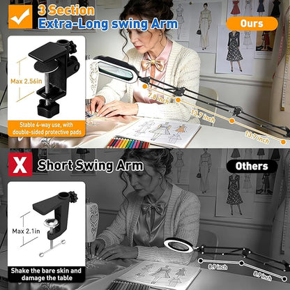 12X Ultra Long 3-Section Swing Arm Lighted Magnifying Glass, NUEYiO 5.3* 3.2" Rectangle Large Magnifier Lamp with Stand, 5 Color Modes LED, 4-way Metal Clip on Workbench Light for Reading Hobby Craft