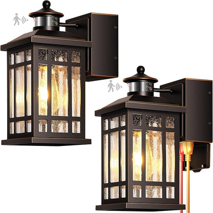 Oil-Rubbed Bronze Outdoor Motion Sensor Light with GFCI Outlet, 2-Pack Porch Lights Outdoor with Gold Trim, Dusk to Dawn lighting Wall Mount with Bubble Glass, Outside Sconces for Garage, Patio