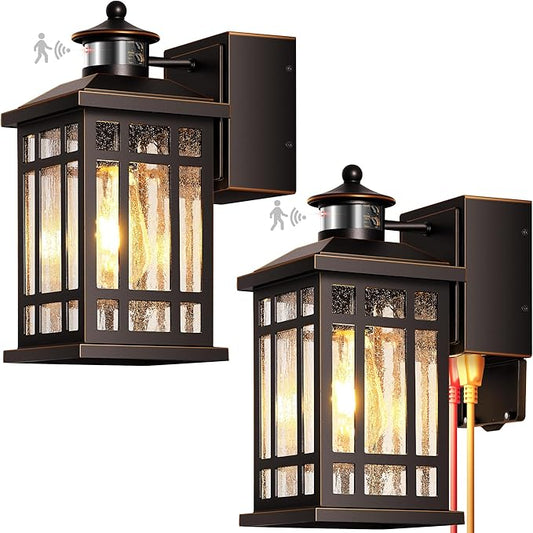 Oil-Rubbed Bronze Outdoor Motion Sensor Light with GFCI Outlet, 2-Pack Porch Lights Outdoor with Gold Trim, Dusk to Dawn lighting Wall Mount with Bubble Glass, Outside Sconces for Garage, Patio