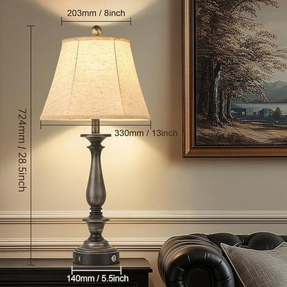 AIDENOEY 28.5" Traditional Table Lamp Set of 2, Rustic Farmhouse Table Lamps for Living Room Bedroom, Bedside Desk Lamps Vintage Nightstand Lamps with Silk Fabric Shades, Antique Silver Table Lamp