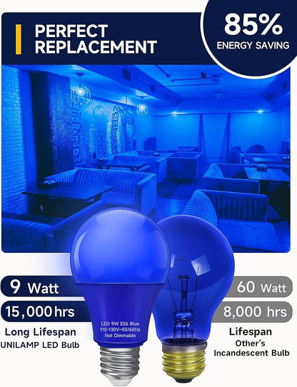 UNILAMP LED Blue Light Bulbs, E26 LED Bulb Blue Lights for Christmas, 9W Equivalent 60W, Blue Colored Light Bulbs for Outdoor Porch, Party Decoration, Holiday Home Lighting, Halloween, 4 Pack