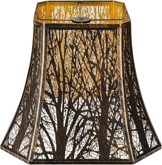 Metal Bell Lamp Shade, Large Lampshade (Spider Fitter) Square Cut Corner, Etched Forest Lamp Shades for Table Lamps and Floor Lamps, Bronze Gold Tree Pattern, 8" Top x 14" Bottom x 11" High