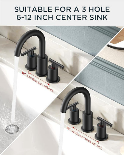 FORIOUS Black Bathroom Faucet 3 Hole, 8 Inch Matte Black Bathroom Sink Faucet Widespread with 360° Swivel Spout, Suitable for 6-12 Inch Vanity Sink, with Pop-up Drain and cUPC Supply Line
