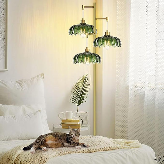 Glass Gold Floor Lamp for Living Room,Bedroom,Mid Century Modern Standing Lamp Brass Tree 3 Light Tall Floor Lamps Vintage Retro Floor Lights Green Flower Lamp Shade Farmhouse Boho Bohemian