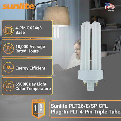 Sunlite PLT26/E/SP Compact Fluorescent Plug-in PLT 4-Pin Triple Tube, 26 Watts, 4-Pin GX24q3 Base, 1800 Lumens, 6500K Daylight, 10 Pack