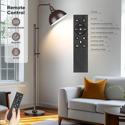 PARTPHONER Industrial Floor Lamp Adjustable, Rustic Farmhouse Reading Lamp in Aged Brown Finish Modern Standing Lamp with Remote Control Metal Shade for Living Room Bedroom Study Room Office Hotel