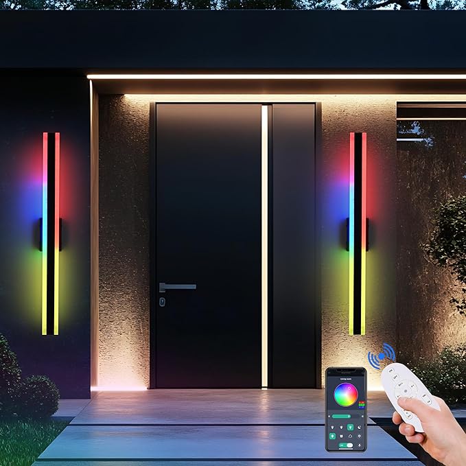TODOLUZ 2-Pack 40-Inch Outdoor RGB Long Linear Wall Light Fixture, IP65 Waterproof 24W LED Exterior Wall Sconce Lighting with Remote Control for Indoor Party Garage