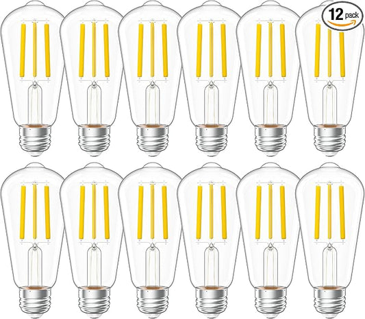 Sunco 12 Pack Vintage LED Edison Bulbs, 75W Equivalent 8.5W, 1000 LM, Dimmable ST58 Filament, ST18 4000K Cool White, E26 Medium Base, Clear Glass Light Bulbs