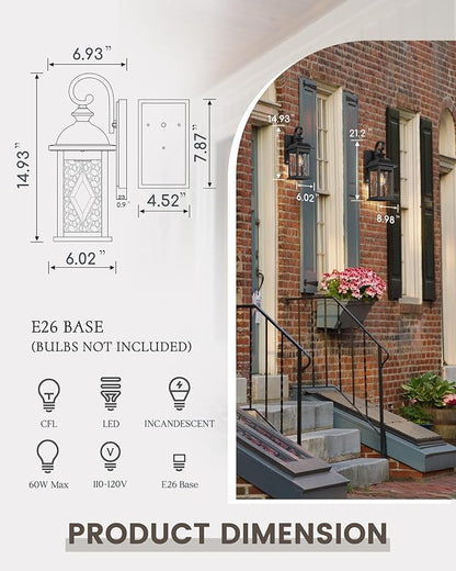 FEMILA Outdoor Wall Light Fixture,1-Light Exterior Waterproof Wall Sconce, Front Porch Lights, Matte Black Finish with Water Ripple Glass,E26 Socket, 4FD54B BK-SD