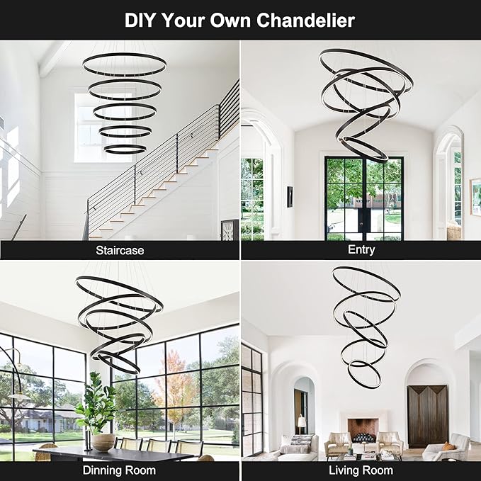 Elegant 5-Rings Black Modern LED Chandelier – Fully Dimmable High Ceiling Pendant Light for Dining Room, Living Room, Foyer & Staircase (Warm White 3000K, Adjustable Size 15.7"-31.4")