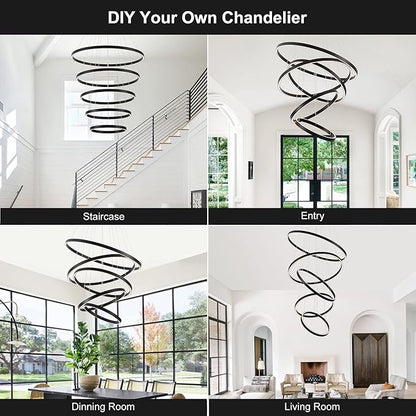 Elegant 5-Rings Black Modern LED Chandelier – Fully Dimmable High Ceiling Pendant Light for Dining Room, Living Room, Foyer & Staircase (Warm White 3000K, Adjustable Size 15.7"-31.4")