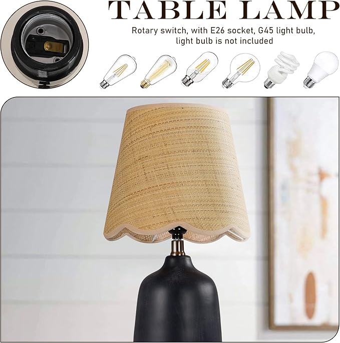 19" Boho Ceramic Table Lamp Set of 2, Handmade Ceramic Base with Rattan Shade, Farmhouse Plug-in Bedside Nightstand Lamps for Bedroom, Living Room, E26 Socket, Black