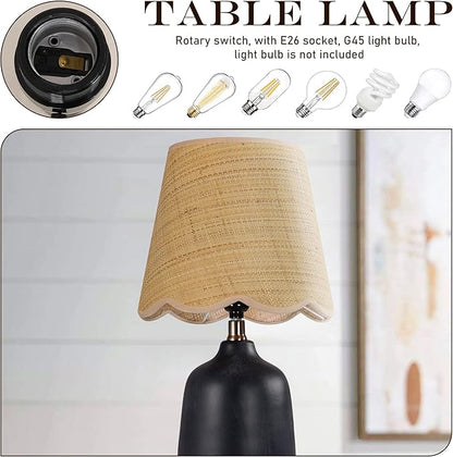 19" Boho Ceramic Table Lamp, Handmade Ceramic Base with Rattan Shade, Farmhouse Plug-in Bedside Nightstand Lamps for Bedroom, Living Room, E26 Socket, Black