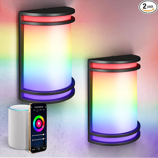 ASD 10 Inch Smart RGBW LED Outdoor & Indoor Wall Mount Light Fixture - Black RGB Wall Sconce Exterior Lighting - 120-277V 15W 2700-6500K Dimmable, Remote Control, Alexa - Front Door, Patio ETL 2 Pack