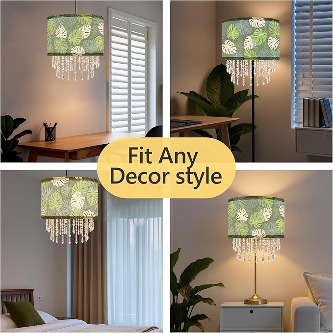 Green Leaf Tropical Leaf Lamp Shade with Acrylic Bead Droplets, Drum Fabric Light Shade for Ceiling Pendant Table or Floor Lamps, Botanical Nature Home Decor, 11.8in