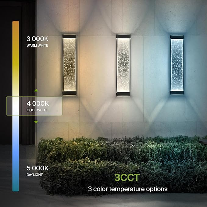 ASD LED 24" Bubble Glass Wall Light Fixture, Outdoor & Indoor Seeded Sconce | 3CCT, Waterproof, Dimmable, Up-Down Glow, ETL Listed | 22W 530LM 3000-5000K 100-277V | Porch Lighting | Black, 2 Pack