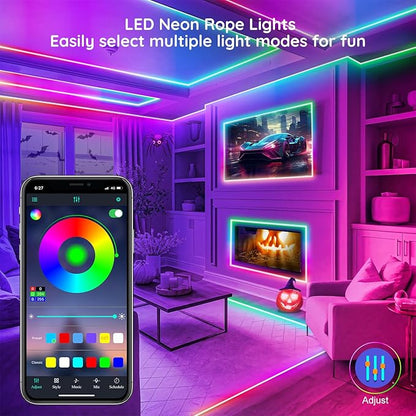 FBZ 60Ft Led Rope Lights, Flexible Neon Lights Control with App/Remote, Multiple Modes, IP65 Outdoor RGB Waterproof, Music Sync Gaming Light Strip for Bedroom Decor
