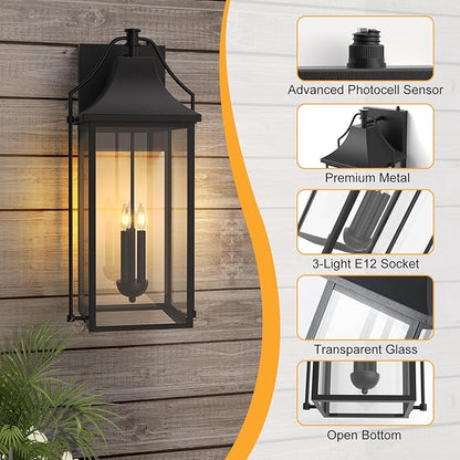 25-INCH Dusk to Dawn Outdoor Wall Light, Large Size Waterproof Patio Lanterns, 3-Light Exterior Wall Mount Lantern Sconce with Glass, Black Wall Sconces for House Garage Front Door