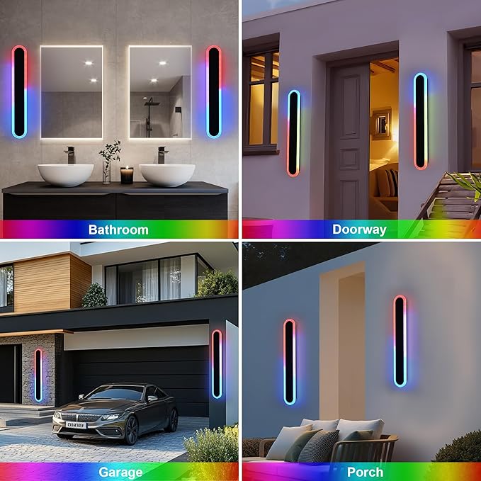 TODOLUZ 2-Pack 32-Inch RGB Outdoor Wall Light Fixture, IP65 Waterproof 21W Dimmable LED Linear Exterior Wall-Mounted Lamp with Remote Control for Gaming Room Garage Porch