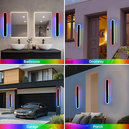 TODOLUZ 2-Pack 32-Inch RGB Outdoor Wall Light Fixture, IP65 Waterproof 21W Dimmable LED Linear Exterior Wall-Mounted Lamp with Remote Control for Gaming Room Garage Porch