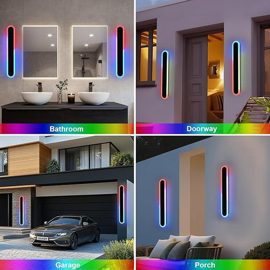 TODOLUZ 2-Pack 32-Inch RGB Outdoor Wall Light Fixture, IP65 Waterproof 21W Dimmable LED Linear Exterior Wall-Mounted Lamp with Remote Control for Gaming Room Garage Porch