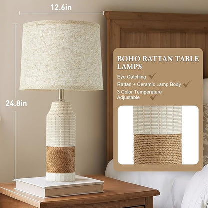 GyroVu Boho Rattan Table Lamps Set of 2, Bedside Table Lamps for Night Stands, Vintage Farmhouse Rattan Table Lamp Antique for Decoration, Bedroom, Living Room, Bedside Table