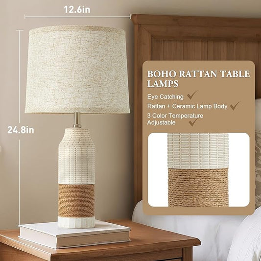 GyroVu Boho Rattan Table Lamps Set of 2, Bedside Table Lamps for Night Stands, Vintage Farmhouse Rattan Table Lamp Antique for Decoration, Bedroom, Living Room, Bedside Table