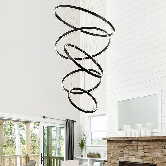 Elegant 5-Rings Black Modern LED Chandelier – Fully Dimmable High Ceiling Pendant Light for Dining Room, Living Room, Foyer & Staircase (Warm White 3000K, Adjustable Size 15.7"-31.4")