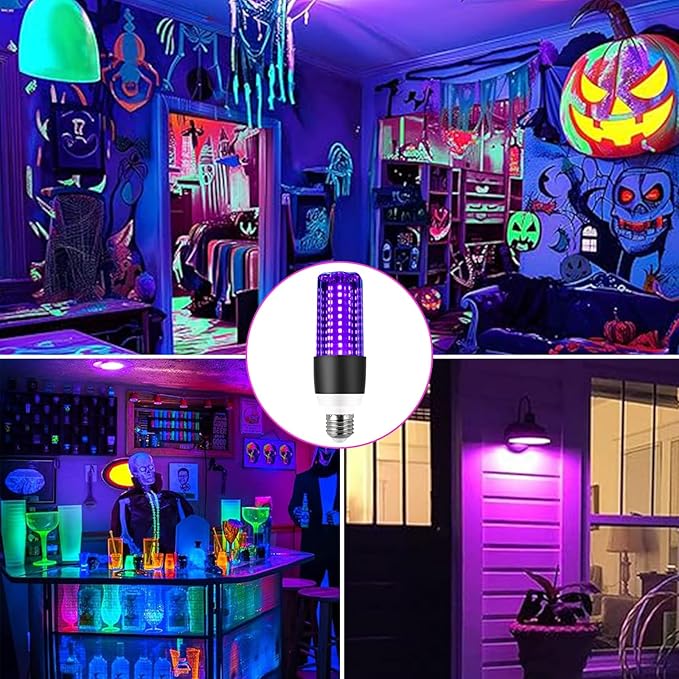 LED Black Light Bulb 15W UV Blacklight 100W Replacement 120V E26 Base, UVA Level 395-400nm Glow in The Dark for Body Pain, Blacklights Party, Halloween Decoration，2 Pack