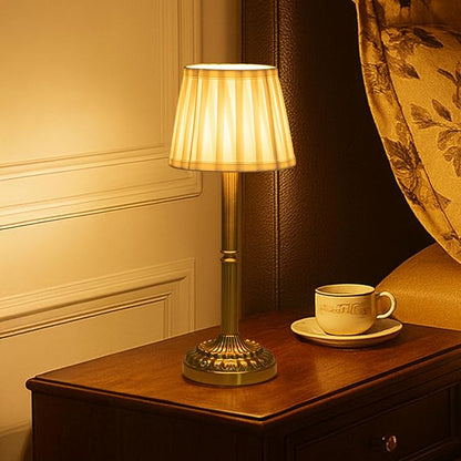 Cordless Table Lamp with Touch Control, Small LED Bedside Lamp with Pleated Shade, 3 Brightness Levels Nightstand Lamp for Bedroom, Living Room & Dorm Room