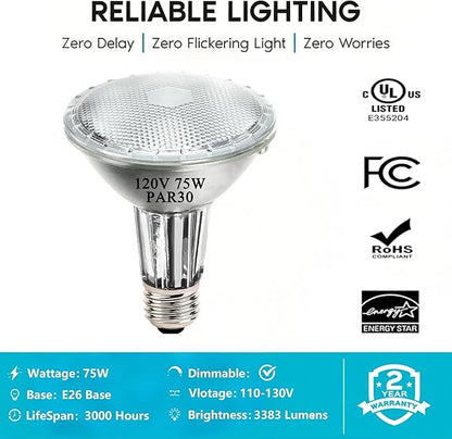 PAR30 Long Neck Halogen Flood Light Bulbs, 120V 75W, Dimmable High Output, E26 Medium Base, 2700K Warm Lighting, 3000 Hours for Recessed Light Bulb, 6 Pack