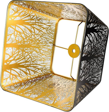 Medium Square Lamp Shades, ALUCSET Metal Lampshade with Pattern of Trees for Table Lamp and Floor Light, 7 x 10 x 7.5 Inch, Pattern of Trees (Black/Gold)