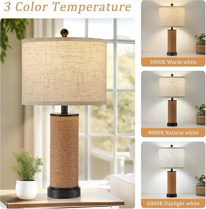GyroVu Set of 2 Rattan Table Lamps for Living Room with USB C+A Ports, Multi Color Temperature Nightstand Bedside Lamp Rocker Switch Coastal Lamps for Bedroom, Wicker Lamps (2 Bulbs Included)