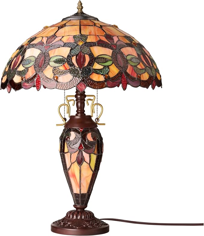 RIVER OF GOODS 24.5" H Victorian Amber Dome Shade Double Lit Tiffany-Style Stained Glass Table Lamp