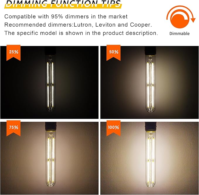 Tubular Light Bulb 7.3 Inch Dimmable T10 LED Bulb E26 6W 60 Watts Edison Bulbs 4000K White Light,185mm Long for Wall Sconces, Pendant, Livingroom, 4-Pack