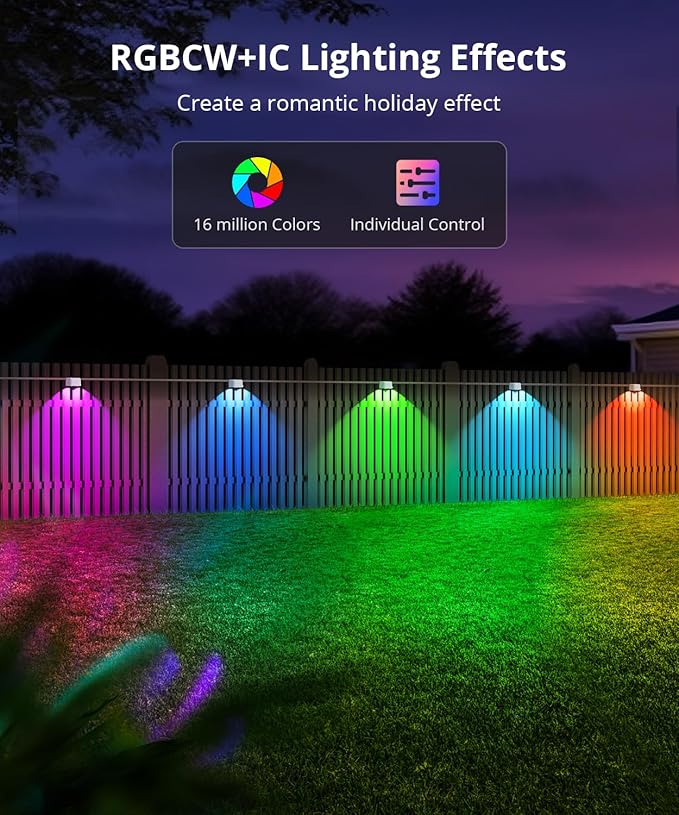 Outdoor Deck Lights 16 Packs, Smart RGBCW Fence Light, 100+ Scene Modes, Dual Lens LED String Lights with APP/Voice/Remote Control, IP65 Waterproof for Halloween Christmas Decor, 105ft White