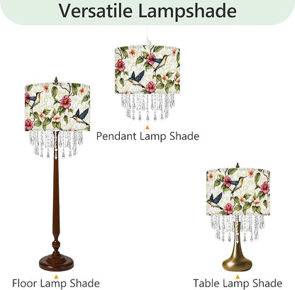Hummingbird Floral Lamp Shade with Acrylic Bead Droplets, Spring Humming Bird Flower Fabric Light Shade for Pendant Table & Floor Lamps, Memorial Gift for Bird Lover, 11.8in