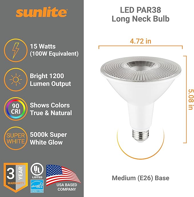 Sunlite 40333 LED PAR38 Long Neck Spotlight Bulb, 15 Watt (100W Halogen EQ), 1200 Lm, 40° Flood Beam, Medium E26 Base, 90 CRI, Waterproof, Dimmable, T20/T24/CEC & UL Listed, 5000K Daylight, 6 Count