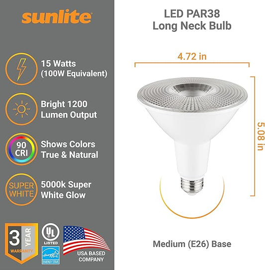 Sunlite 40333 LED PAR38 Long Neck Spotlight Bulb, 15 Watt (100W Halogen EQ), 1200 Lm, 40° Flood Beam, Medium E26 Base, 90 CRI, Waterproof, Dimmable, T20/T24/CEC & UL Listed, 5000K Daylight, 6 Count