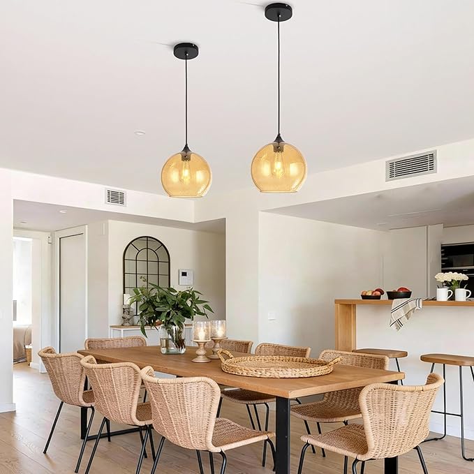 Amber Glass Pendant Lights Kitchen Island Lighting Modern Globe Pendant Light Fixtures Modern Pendant Lights for Kitchen Island Bedroom Living Dining Room Light Fixture-7.8inch