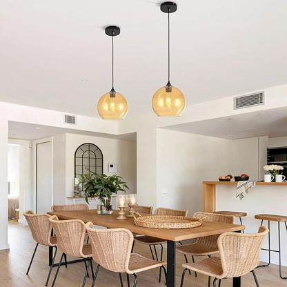 Amber Glass Pendant Lights Kitchen Island Lighting Modern Globe Pendant Light Fixtures Modern Pendant Lights for Kitchen Island Bedroom Living Dining Room Light Fixture-7.8inch