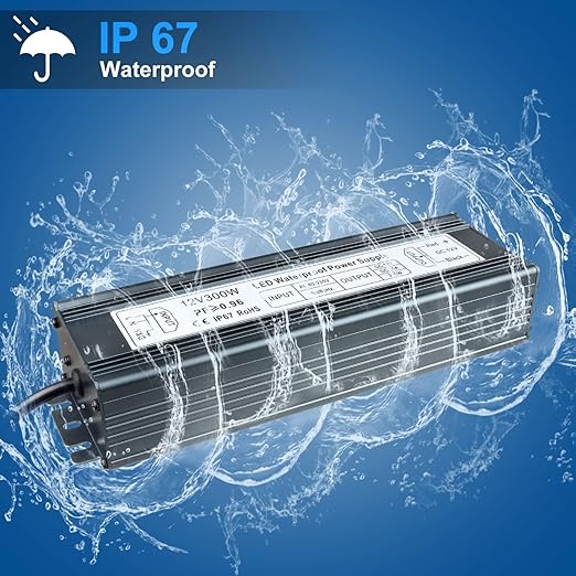 inShareplus 12V 300W Power Supply, AC 80-265V to DC 12 Volt 25A IP67 Waterproof LED Power Supply, Low Voltage Transformer, Outdoor Driver with 3-Prong Plug 3.3 Feet Cable for LED Light, Outdoor Use
